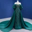 Vintage / Retro High Low Dark Green Beading Sequins Satin Prom Dresses 2022 Trumpet / Mermaid Scoop Neck Puffy 3/4 Sleeve Floor-Length / Long Formal Dresses