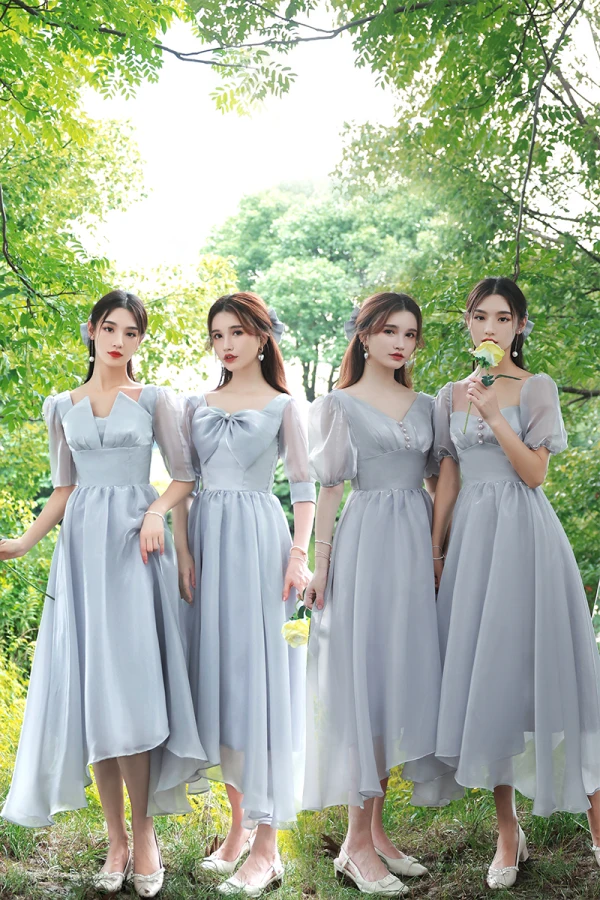 Modest / Simple Sky Blue Bridesmaid Dresses 2021 A-Line / Princess V-Neck Bow Short Sleeve Backless Tea-length Wedding Party Dresses