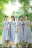 Modest / Simple Sky Blue Bridesmaid Dresses 2021 A-Line / Princess V-Neck Bow Short Sleeve Backless Tea-length Wedding Party Dresses