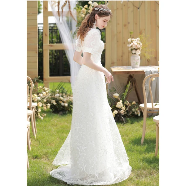 Elegant White Sequins Lace Flower Beach Wedding Dresses 2022 A-Line / Princess High Neck Short Sleeve Backless Floor-Length / Long Wedding