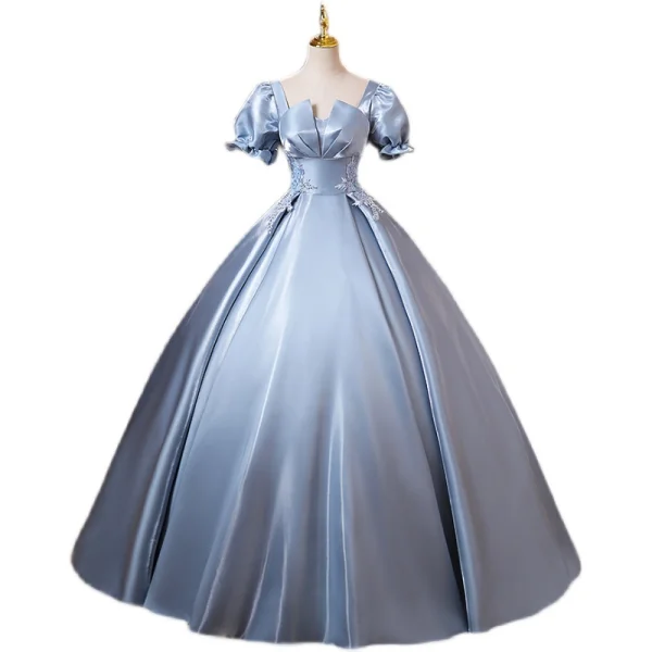 Vintage / Retro Sky Blue Satin Prom Dresses 2022 Ball Gown Square Neckline Puffy Short Sleeve Backless Floor-Length / Long Formal Dresses