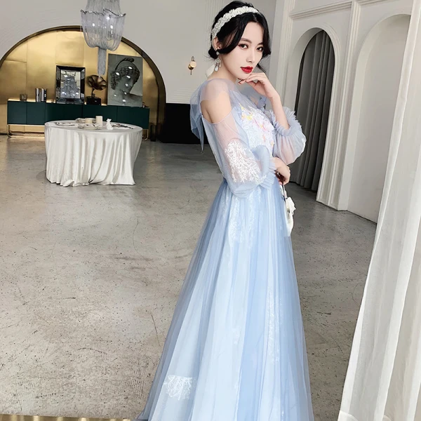 Charming Flower Fairy Sky Blue Lace Flower Prom Dresses 2022 A-Line / Princess Scoop Neck Beading Pearl Rhinestone 3/4 Sleeve Floor-Length / Long Formal Dresses