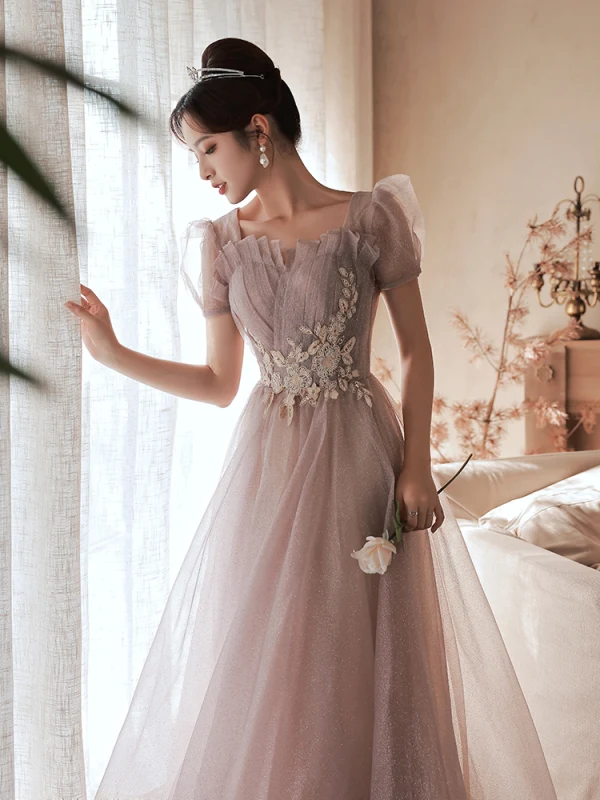 Scintillantes Rougissant Rose Robe De Bal 2022 Princesse Encolure Carrée Perlage Paillettes En Dentelle Fleur Manches Courtes Dos Nu Longue Robe De Ceremonie