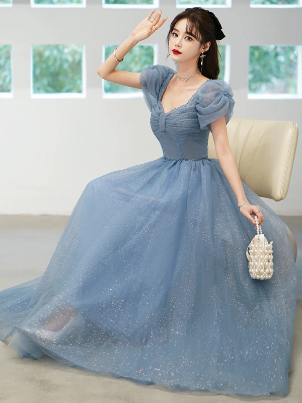 Chic / Beautiful Sky Blue Glitter Sequins Prom Dresses 2022 A-Line / Princess Square Neckline Rhinestone Puffy Short Sleeve Backless Floor-Length / Long Formal Dresses