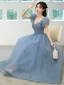 Chic / Beautiful Sky Blue Glitter Sequins Prom Dresses 2022 A-Line / Princess Square Neckline Rhinestone Puffy Short Sleeve Backless Floor-Length / Long Formal Dresses