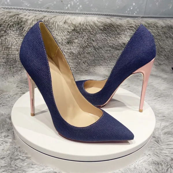 Chic / Beautiful Navy Blue Street Wear Denim Pumps 2021 12 cm Stiletto Heels Pointed Toe Pumps High Heels