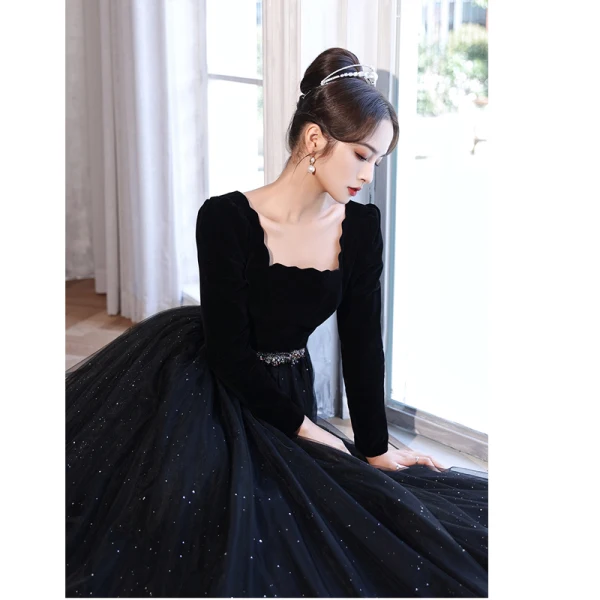 Fashion Black Rhinestone Prom Dresses 2022 A-Line / Princess Square Neckline Long Sleeve Backless Floor-Length / Long Formal Dresses