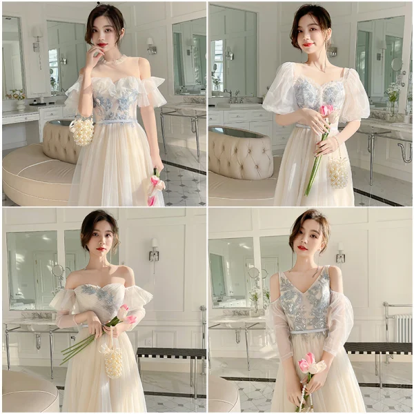 Fashion Daffodil Beading Sequins Lace Flower Bridesmaid Dresses 2022 A-Line / Princess Sash Short Sleeve Backless Floor-Length / Long Bridesmaid Dresses