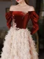 Luxury / Gorgeous Burgundy Suede Ruffle Prom Dresses 2022 A-Line / Princess Off-The-Shoulder Lace Flower Appliques Long Sleeve Backless Floor-Length / Long Prom Formal Dresses