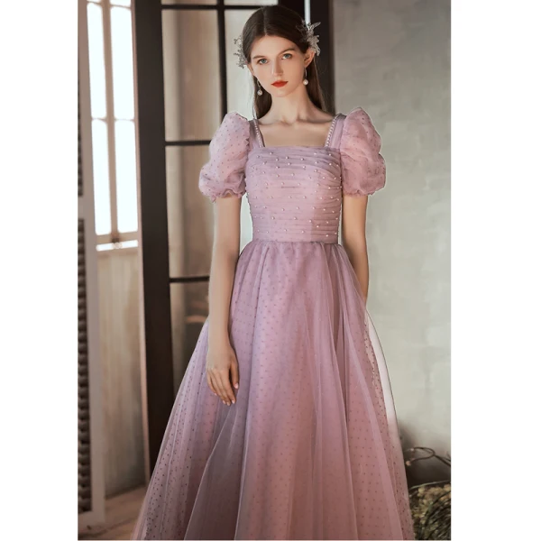 Chic / Belle Rougissant Rose Tachetée Robe De Bal 2022 Princesse Encolure Carrée Perle Manches Courtes Dos Nu Longue Robe De Ceremonie
