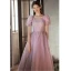 Chic / Belle Rougissant Rose Tachetée Robe De Bal 2022 Princesse Encolure Carrée Perle Manches Courtes Dos Nu Longue Robe De Ceremonie