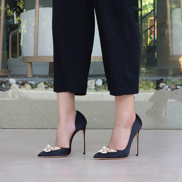 Charming Black Evening Party Rhinestone Pearl Butterfly Satin Womens Shoes 2021 12 cm Stiletto Heels Pointed Toe Womens Shoes High Heels