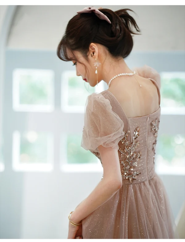 Charming Champagne Glitter Prom Dresses 2022 A-Line / Princess Scoop Neck Beading Sequins Short Sleeve Backless Floor-Length / Long Formal Dresses