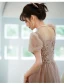 Charming Champagne Glitter Prom Dresses 2022 A-Line / Princess Scoop Neck Beading Sequins Short Sleeve Backless Floor-Length / Long Formal Dresses
