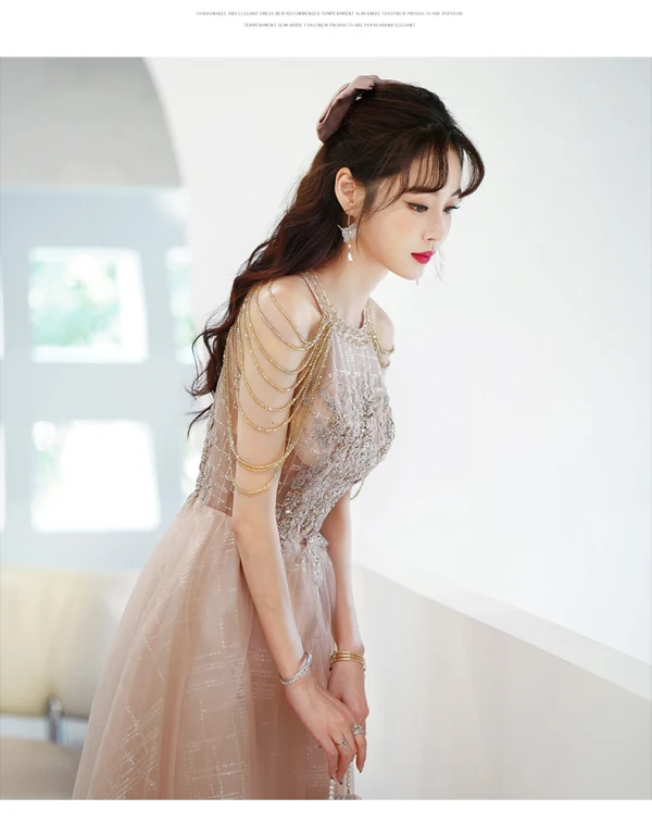 Charming Champagne Prom Dresses 2022 A-Line / Princess Scoop Neck Lace Sequins Beading Flower Sleeveless Floor-Length / Long Formal Dresses