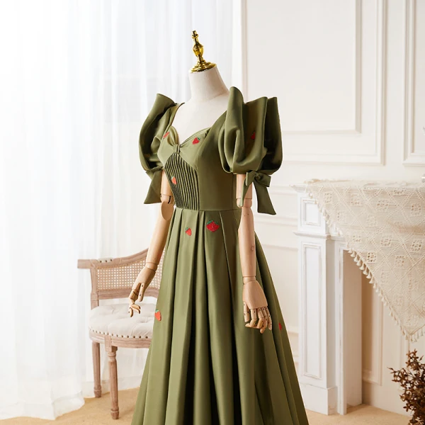 Vintage / Retro Ivory Satin Strawberry Prom Dresses 2022 A-Line / Princess Square Neckline Puffy Short Sleeve Backless Floor-Length / Long Formal Dresses