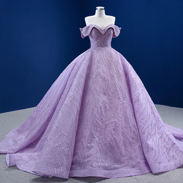 Luxury / Gorgeous High-end Lilac Prom Dresses 2022 Off-The-Shoulder Handmade  Beading Sequins Short Sleeve Backless Floor-Length / Long Formal Dresses
