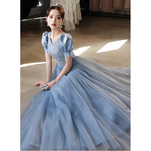 Elegant Sky Blue Beading Sequins Prom Dresses 2022 A-Line / Princess Scoop Neck Short Sleeve Floor-Length / Long Formal Dresses