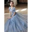 Elegant Sky Blue Beading Sequins Prom Dresses 2022 A-Line / Princess Scoop Neck Short Sleeve Floor-Length / Long Formal Dresses