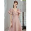 Elegant Blushing Pink Satin Prom Dresses 2022 A-Line / Princess V-Neck Beading Pearl Rhinestone Appliques Puffy Short Sleeve Bow Backless Floor-Length / Long Formal Dresses