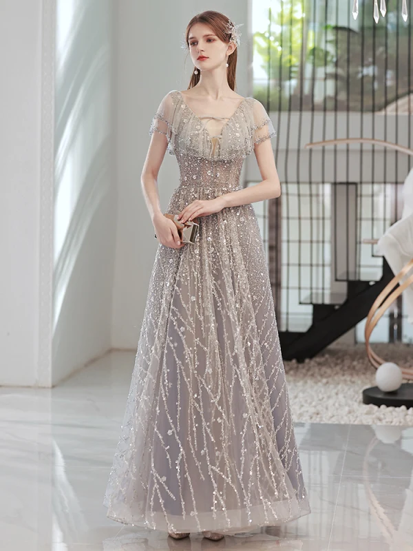 Charming Luxury / Gorgeous Grey Glitter Evening Dresses 2022 A-Line / Princess V-Neck Sequins Rhinestone Short Sleeve Backless Floor-Length / Long Evening Party Formal Dresses