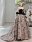 Vintage / Retro Black Printing Prom Dresses 2022 Ball Gown Off-The-Shoulder Short Sleeve Backless Court Train Prom Formal Dresses