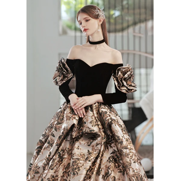 Vintage / Retro Black Printing Prom Dresses 2022 Ball Gown Off-The-Shoulder 3/4 Sleeve Backless Court Train Formal Dresses