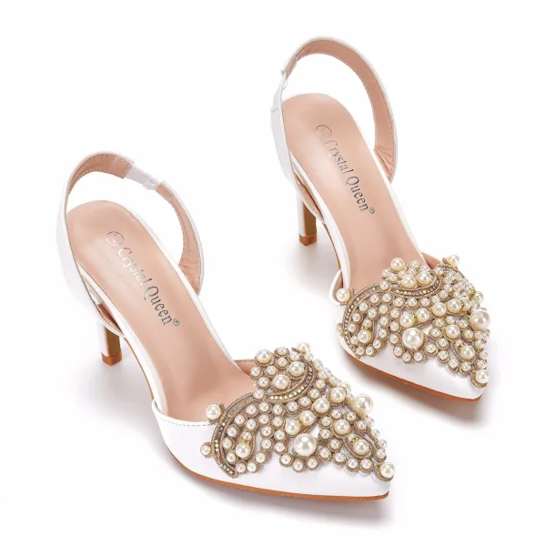 Charmant Blanche Perle Faux Diamant Chaussure De Mariée 2022 9 cm Talons Aiguilles À Bout Pointu Mariage Talons Hauts