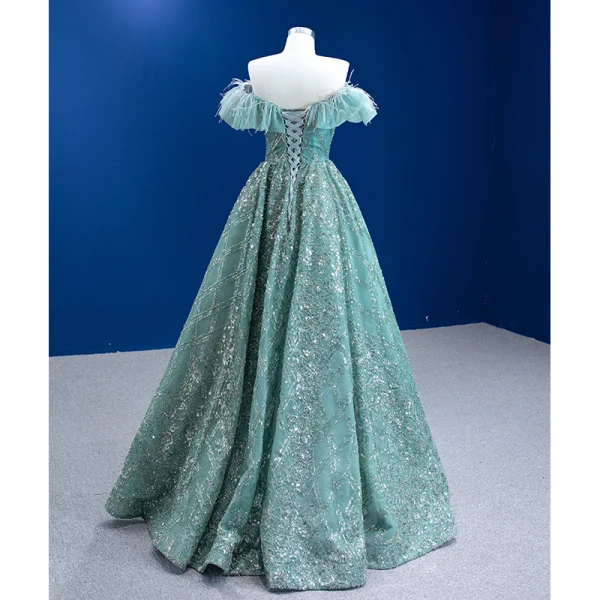 Haut de Gamme Vert Cendré Robe De Bal 2022 Princesse De l'épaule Perlage Paillettes Gland Manches Courtes Dos Nu Longue Robe De Ceremonie