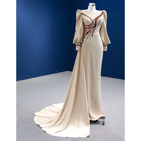 Fashion Champagne Satin Evening Dresses 2022 Trumpet / Mermaid Scoop Neck Multi-Colors Beading Pearl Long Sleeve Court Train Evening Party Formal Dresses