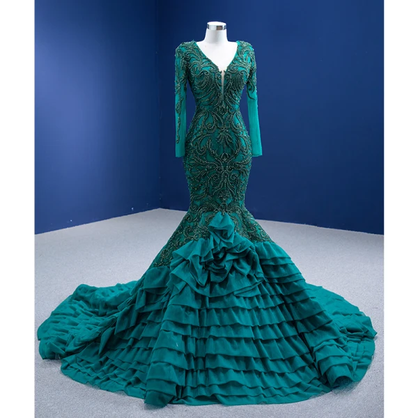 Vintage / Retro High-end Dark Green Cascading Ruffles Prom Dresses 2022 Trumpet / Mermaid V-Neck Beading Pearl Lace Flower Long Sleeve Backless Floor-Length / Long