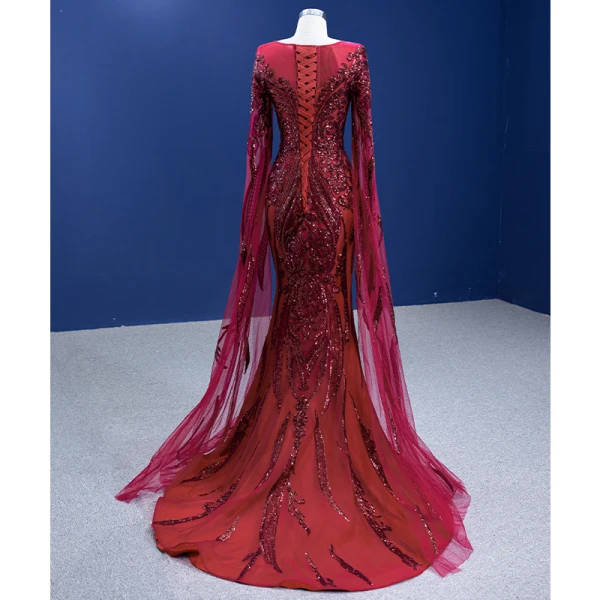 High-end Vintage / Retro Burgundy Beading Sequins Evening Dresses 2022 Trumpet / Mermaid Scoop Neck Court Train Long Sleeve Formal Dresses