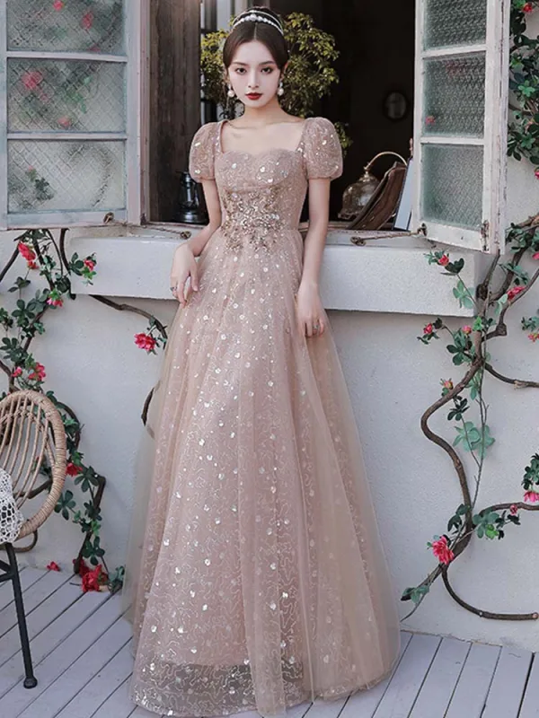 Mode Rougissant Rose Paillettes Robe De Bal 2022 Princesse Encolure Carrée Manches Courtes Dos Nu Longue Robe De Ceremonie