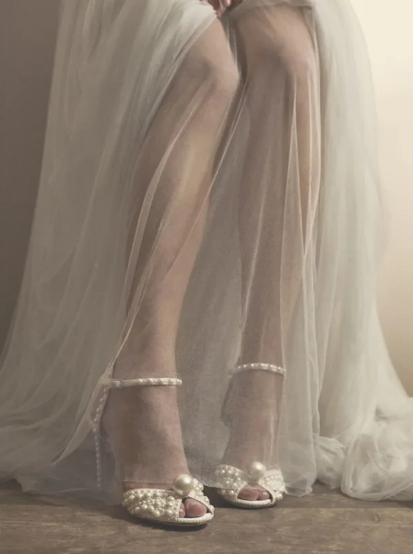 Sexy Ivoire Perle Chaussure De Mariée 2022 10 cm Talons Aiguilles Bride Cheville Cuir Peep Toes / Bout Ouvert Mariage Talons Hauts