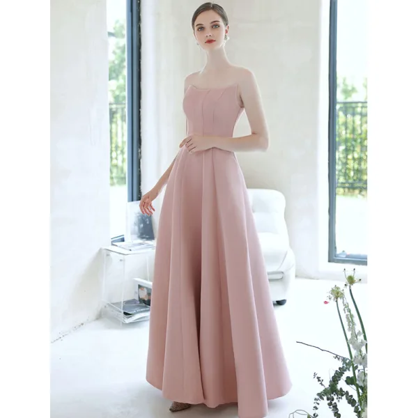 Elegant Blushing Pink Spotted Prom Dresses 2021 A-Line / Princess Short Sleeve Backless Floor-Length / Long Formal Dresses