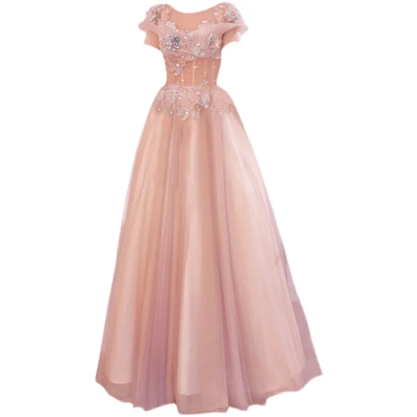 Charmant Rougissant Rose Perlage Perle Paillettes En Dentelle Fleur Robe De Bal 2021 Princesse Encolure Dégagée Manches Courtes Dos Nu Longue Robe De Ceremonie