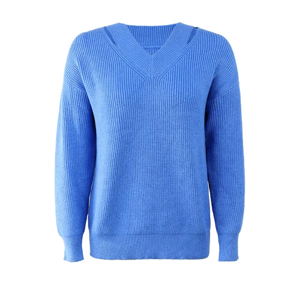 Fall Winter Street Wear Pool Blue Solid Color Knitting Sweaters 2021 V-Neck Long Sleeve Loose Women Tops