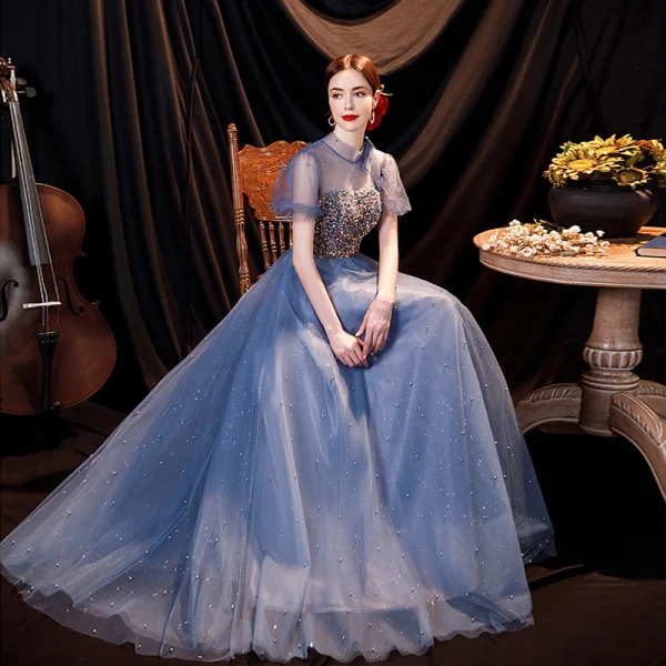Fashion Ocean Blue Prom Dresses 2021 A-Line / Princess High Neck Beading Pearl Sequins Short Sleeve Backless Floor-Length / Long Formal Dresses