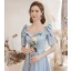 Elegant Sky Blue Satin Prom Dresses 2021 A-Line / Princess Square Neckline Short Sleeve Backless Floor-Length / Long Formal Dresses