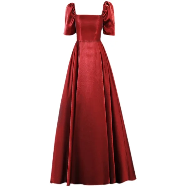 Elegant Burgundy Satin Prom Dresses 2021 A-Line / Princess Square Neckline Puffy Short Sleeve Backless Floor-Length / Long Prom Dresses
