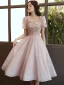 Chic / Belle Rougissant Rose Robe De Bal 2021 Princesse Encolure Carrée Perlage Appliques Paillettes Manches Courtes Dos Nu Longue Robe De Ceremonie