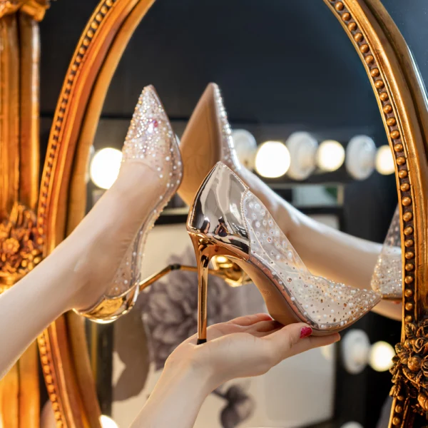 Sexy Transparent Silber Strass Abend Pumps 2021 9 cm Stilettos Spitzschuh Pumps Hochhackige