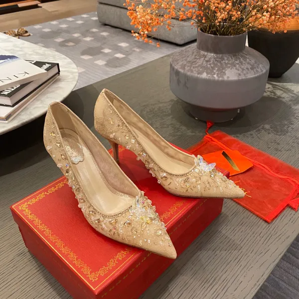 Charming White Rhinestone Leather Wedding Shoes 2021 Lace 7 cm Stiletto Heels Pointed Toe Wedding Pumps High Heels