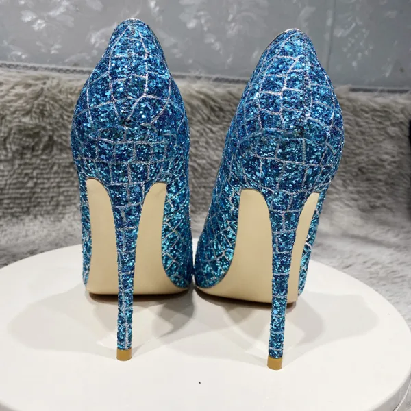 Sparkly Ocean Blue Sequins Cocktail Party Evening Party Pumps 2021 12 cm Stiletto Heels Pointed Toe Pumps High Heels