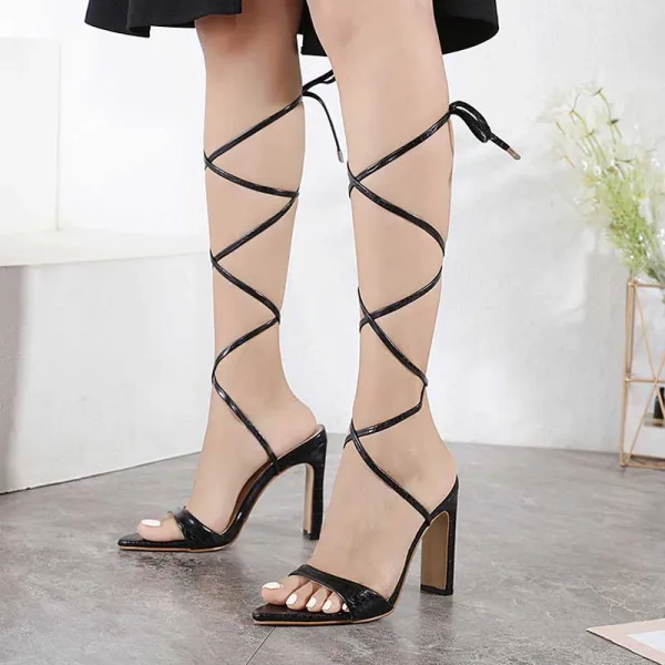 Roman Sexy Black Street Wear Open / Peep Toe Womens Sandals 2021 Ankle Strap 11 cm Thick Heels Sandals High Heels