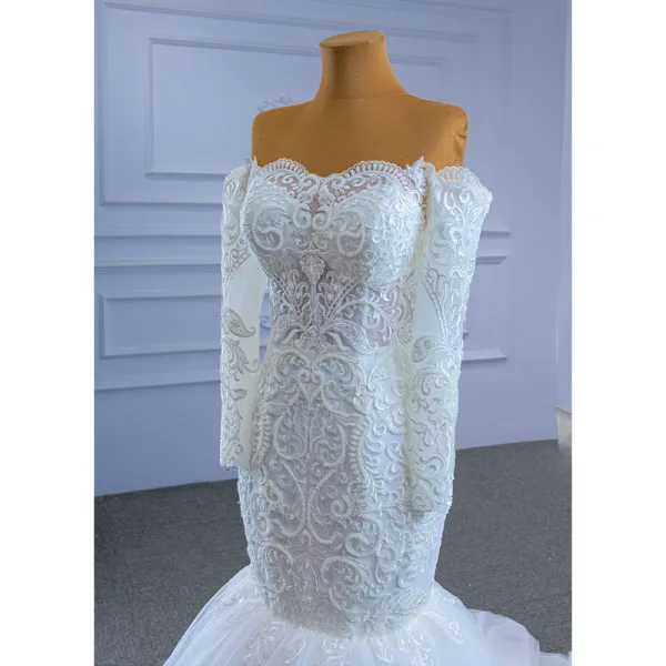 High-end White Wedding Dresses 2021 Trumpet / Mermaid Off-The-Shoulder Lace Flower Long Sleeve Backless Court Train Wedding