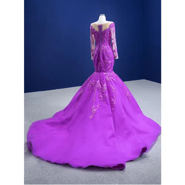 High End Violett Spitze Blumen Ballkleider 2021 Meerjungfrau Rundhalsausschnitt Lange Ärmel Kapelle-Schleppe Festliche Kleider