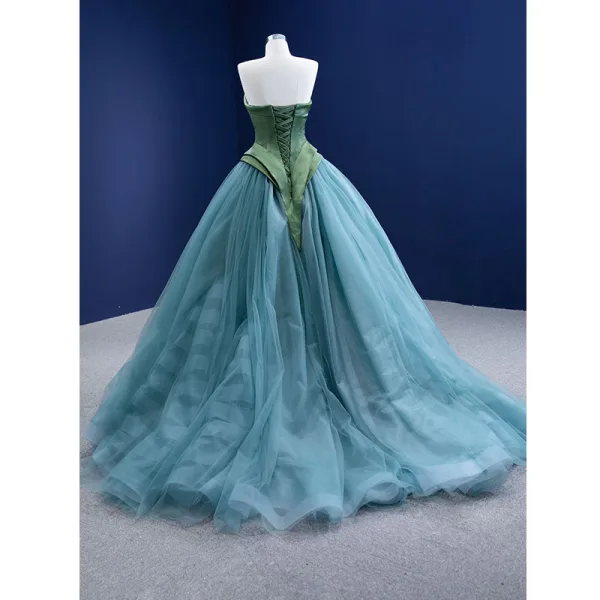 Schöne Dunkelgrün Blau Ballkleid Ballkleider 2021 Bandeau Ärmellos Rückenfreies Sweep / Pinsel Zug Festliche Kleider