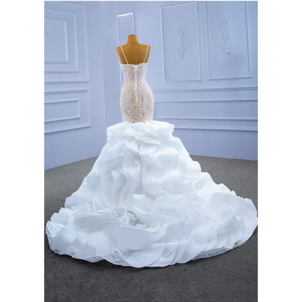 Luxe Haut de Gamme Charmant Blanche Volants en Cascade Robe De Mariée 2021 Trompette / Sirène Bretelles Spaghetti Sans Manches Perlage Perle En Dentelle Fleur Dos Nu