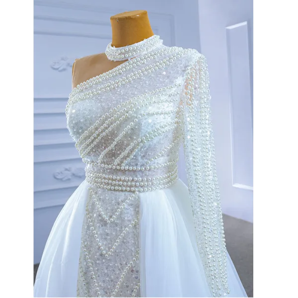High End Glitzernden Weiß Brautkleider / Hochzeitskleider 2021 Meerjungfrau Perlenstickerei Stehkragen Perle Pailletten Lange Ärmel Rückenfreies Hof-Schleppe Hochzeit
